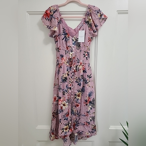 NEW Inmod Women's Purple Tropical Palms Floral Cottagecore Boho Dress Size Small - Picture 1 of 11